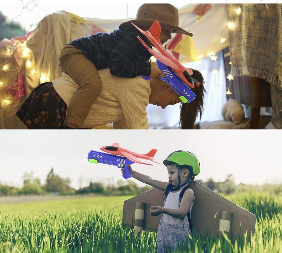 Pistol Interactiv de Jucarie Lansator de Avion cu Lumina LED, Durabil si Rezistent la Impact