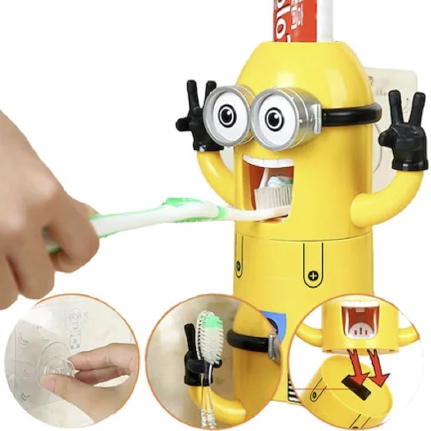 Dispenser Minion pentru pasta de dinti, suport integrat pentru periute