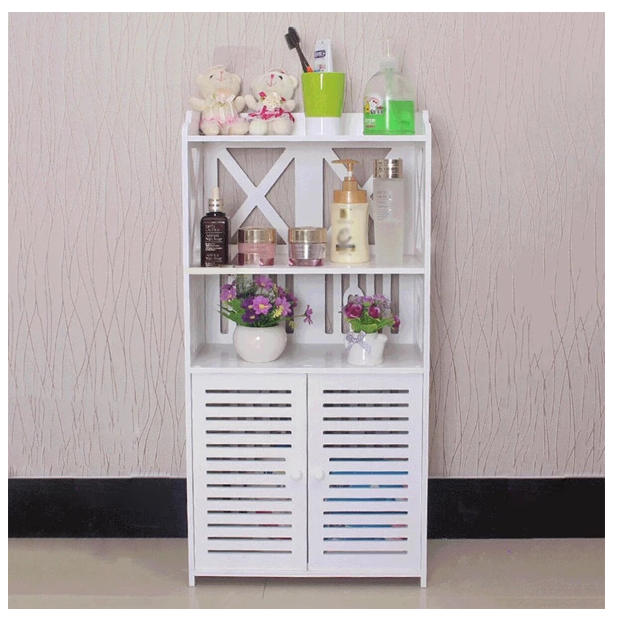 Dulap slim pentru baie cu suport hartie si 3 polite depozitare, alb,