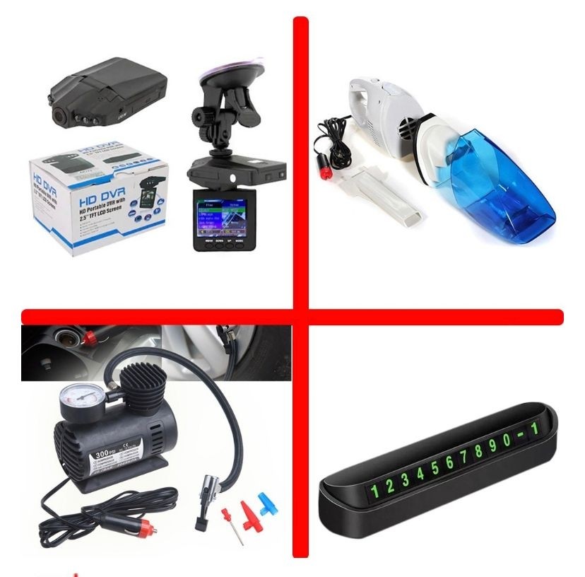 PACHET CAMERA AUTO DVR FULLHD 1080P + ASPIRATOR PORTABIL VACUUM CLEANER 12 V + COMPRESOR AUTO + SUPORT SMART DE AFISARE NUMAR
