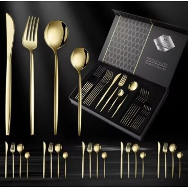 Set tacamuri in stil portughez 24 piese, otel inoxidabil, auriu